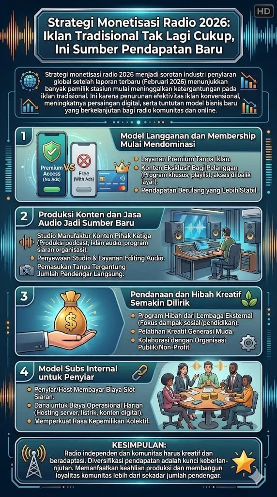 Strategi monetisasi radio 2026 berubah drastis. Iklan tradisional menurun, digantikan langganan, produksi audio, dan pendanaan kreatif.