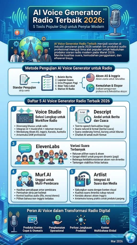 AI voice generator radio terbaik 2026 yang diuji untuk produksi siaran modern, lengkap dengan fitur, kualitas suara, dan harga.